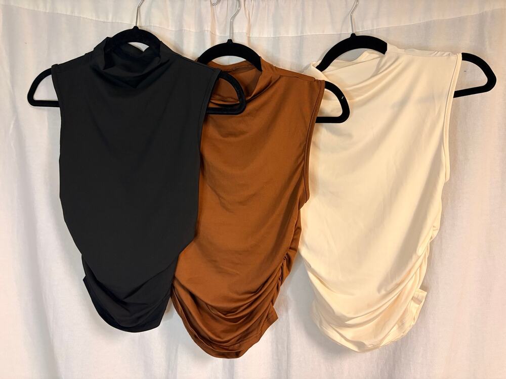 3 Pack Ruched Mock Neck Sleeveless Tank Tops Black Brown Cream